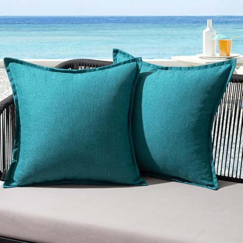 MIULEE Outdoor Kissen Wetterfest Kissenbezug Wasserdichter Dekorative Kissenbezüge Leinen-Optik Sofakissen Dekokissen für Garten Sofa Couch Wohnzimmer Schlafzimmer 2er Set 40x40cm Pfauenblau