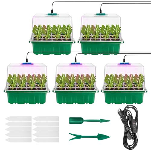 Seed Starter Tray with Grow Light, Seed Starter Kit with Moisture Dome, Adjustable Brightness Time Controller, 8 LED, Seedling Starter Trays with Raised Lids,