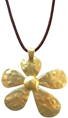 ASTER ALHELÍ - Große Damenhalskette mit Goldener Blume - Blumen Kette mit Braunem Wildlederband – Verstellbare Länge - Ideal als Geschenk - Lange Kette Damen - Große Blume (Golden)