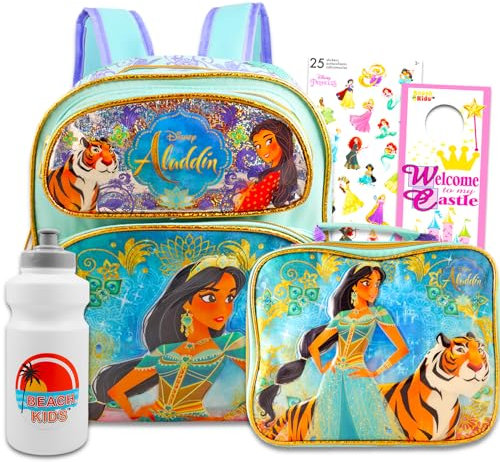 Disney Aladdin Ensemble sac à dos et boîte à déjeuner pour enfants – Ensemble avec mini sac à dos Princesse Jasmine de 30,5 cm, sac à déjeuner Jasmin, autocollants, bouteille d'eau, plus | Mini sac à