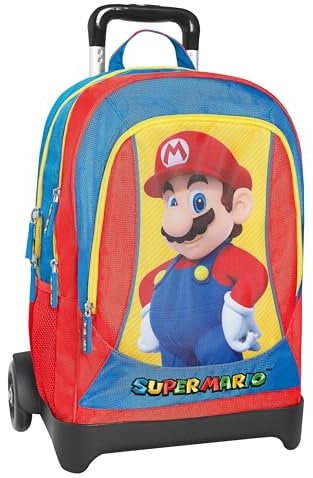 SUPER MARIO - Zaino Scuola Trolley Super Mario, Maniglia Regolabile, Trolley Staccabile, Spallacci Imbottiti e Regolabili, 2 Scomparti Principali, Tasca Frontale, Chiusure A Zip, 30x44Hx20cm