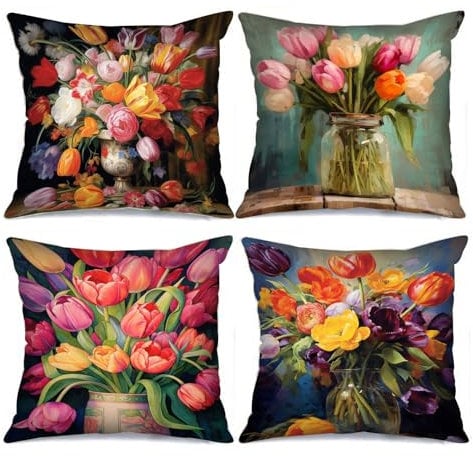 Tucocoo Zierkissenbezüge mit Tulpenvase, 45 x 45 cm, 4 Stück, Retro-Blüte, Bunte Vintage-Blumen, Moderne Dekoration für Couch, Bett, Auto, Terrasse, Möbel, Bank, Sofa, Kissenbezug