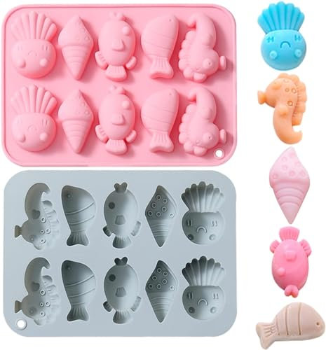 WishesMar 2 Pièces Moule à Chocolat Forme de Animal Marin Hippocampe Poisson Conque Poulpe 10 Cavités Moules en Silicone pour Bonbon Glace Petit Savon Décoration de Gateau