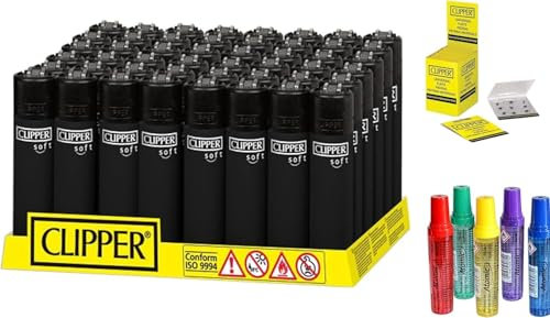 Pack de 48 Encendedores Clipper - Seguros y Recargables - Colores Variados - Refillable +5 Gas ISOBUTANO para MECHEROS + Clipper 9 Piedras de Mechero (Soft Touch All Black Negro)