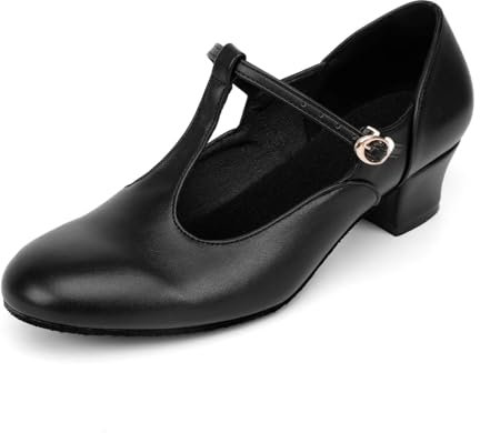 Asyusyu Matt Black Character Shoes T Bar Low Heel Character Dance Shoes for Ladies-Matt Black, 5.5 UK