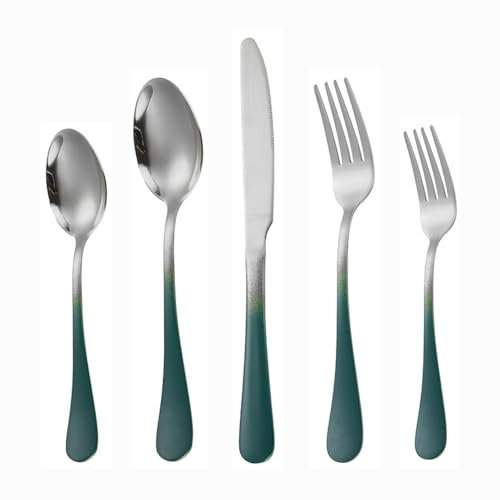 Thickened Gradient Color Handle Kitchen Stainless Steel Silverware Tableware Flatware Cutlery Set Steak Knife Fork Spoon Teaspoon (Gradient green silver,5 pieces)