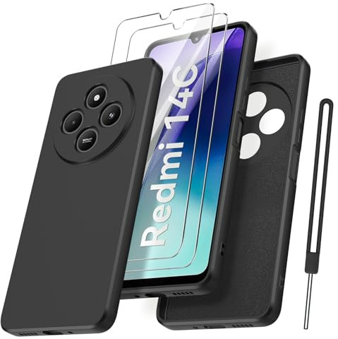 Qasyfanc Funda Compatible con Xiaomi Redmi 14C / Xiaomi Poco C75 con Protección de La Cámara y 2 Piezas Cristal Templado, Carcasa Suave TPU Silicona con Tapete de Microfibra Anti-Rasguño, Negro