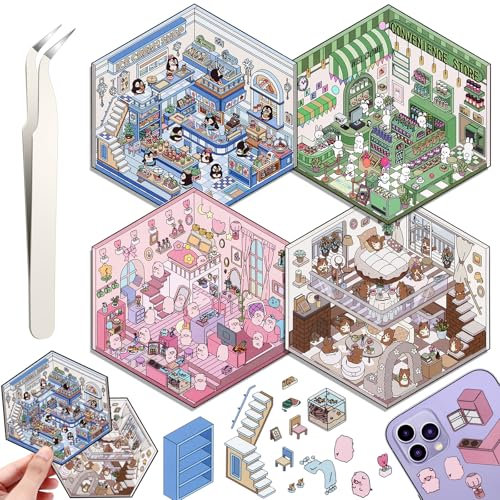 4 Sets DIY 3D House Stickers, DIY Haus Aufkleber Stickers Machen Sie Ihren Eigenen, Supermarkt, Kaffeehaus, Buchhandlung, Restaurant, Cute 3D Scene Sticker Set mit 1 Pinzetten