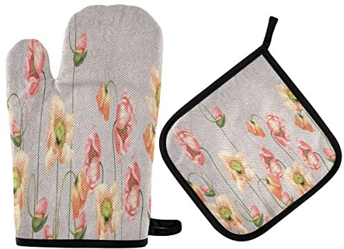 Ofenhandschuhe Vintage Mohn Rosa Frühling Grillhandschuhe Anti-Rutsch Topflappen Set Premium Qualität Kochhandschuhe Für Grillen Backen Barbecue