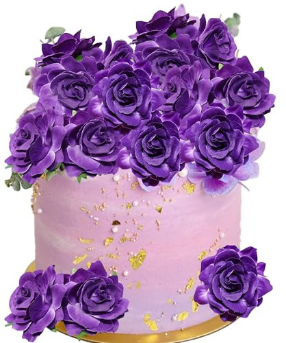 Gyufise 8Pcs Flower Cake Toppers Boho Cake Toppers Artificial Rose Cake Decorations for Women Birthday Baby Shower Wedding Valentine's Day Celebration Boho Party Supplies Purple