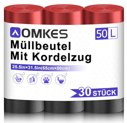 AOMKES Große Müllbeutel 50L Schwarz Müllsäcke mit Zugband Reißfest Mülltüten mit Tragegriff Abfallsack für Küche,30 Stück Müllsäcke