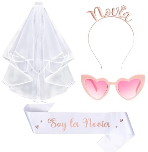 Augesak Spanisch JGA Accessoires Frauen Set 4 Stück-Bride to Be Schärpe und Schleier,Roségoldener Haarreif, Rosa Herzförmige BrilleBraut Jungesellinenabschied Accessoires,JGA Deko Frauen