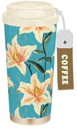 Reisebecher mit Deckel, Edelstahl, isoliert, für heiße und kalte Getränke, 500 ml, Vintage-Lilien-Design, türkis, auslaufsicher