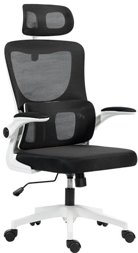 Vinsetto Sedia da Ufficio Ergonomica con Supporto Lombare, Braccioli Ribaltabili, Poggiatesta Regolabile, Poltrona Scrivania Girevole Inclinabile con Schienale Alto, Altezza Regolabile in Rete, Nero