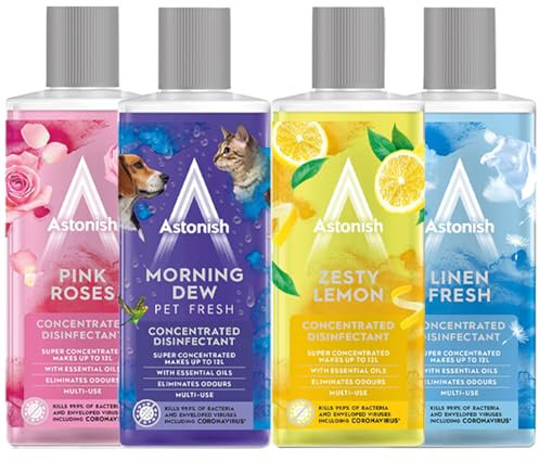 Astonish 4 Piece Household Cleaning Products Giftset Bundle Kit 300ml Each Concentrated Disinfectant in Pink Roses, Linen Fresh, Zesty Lemon & Morning Dew Scents Multi-Surface Cleaner Pet-Friendly