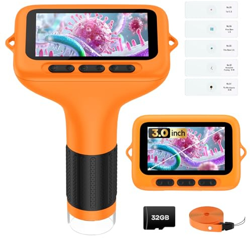 Microscopio digital para niños con pantalla de 7.6 cm: regalo de ciencia de juguete STEM para edades de 4 a 12 años | Tarjeta de 32 GB, zoom de 1000X, recargable, foto/video, conecta a PC, 8 LED, 6 niveles de brillo, captura con un solo toque