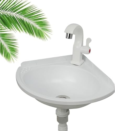 Lavandino angolare piccolo da parete, in plastica, kit completo di scarico con rubinetto, ideale per camper e cantine