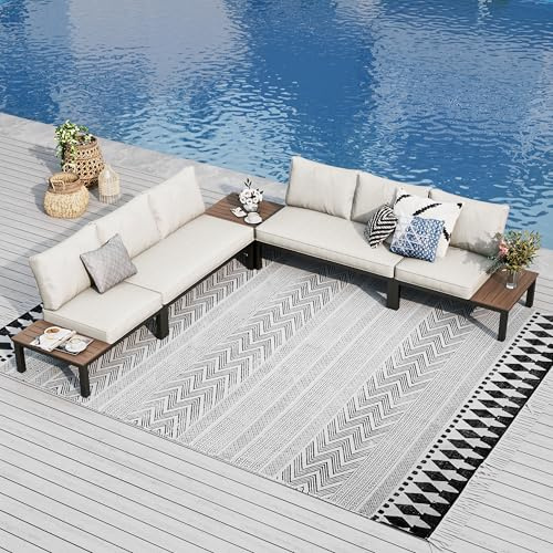 PHI VILLA Gartenmöbel Balkonmöbel Set 5 Teilig, Metall Lounge Möbel Outdoor Gartenlounge Set 6-Sitzer, Terrassenmöbel Modulare Möbel mit Verstärkten Kissen und Kaffeetisch, Beige