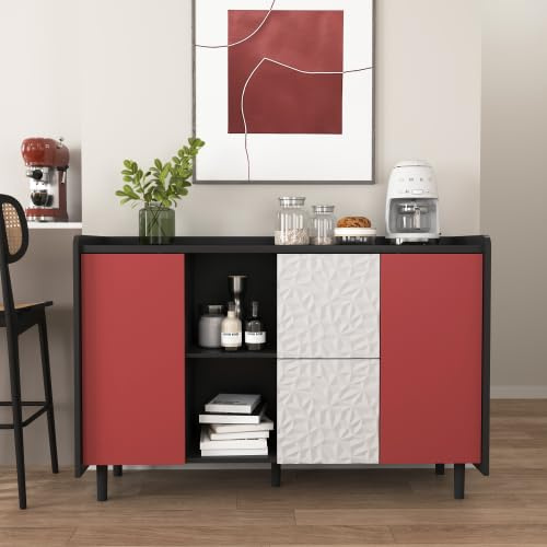 muenfly Großes Sideboard 120 cm mit roten Türen, Buffetschrank & Bücherschrank mit 2 Schubladen - Moderner Aufbewahrungsschrank in Schwarz/Rot für ESS- und Wohnbereich