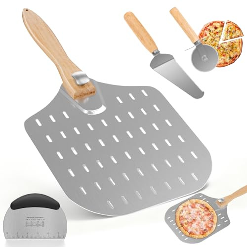 4PCS Pizza Peel Set Oven Accessories, Perforated Pizza Peel Paddle 12 inch | 12 Pizza Paddle Tool Set with Folding Wooden Short Handle, Spatula & Turner, Rocker Cutter, Dough Scraper for Pizza Oven