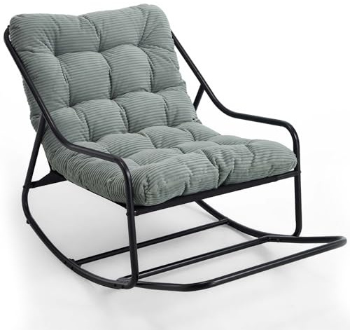 SEEDWAVE Schaukelstuhl mit Fußrest, robustem Stahlrahmen, weichem Cushion & rutschfesten Schutzpads – stilvoller Loungesessel & Liegestuhl für Garten, Balkon & Outdoor (Salbeigrün, Cord)
