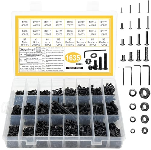 1635 Pcs M2 M3 M4 M5 Bolts and Nuts Set, Assorted Nuts and Bolts Set, Black Round Head Hex Socket Head Cap Screws with Washers, Machine Screws Assortment for Home Bicycle Repair