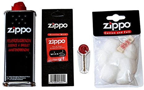 Original Zippo Zubehör-Starterset - bestehend aus 1 x Original Zippo Feuerzeugbenzin 125 ml, 1 x Ersatzdocht, 6 x Feuersteine, 1 x Watte und Öl