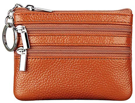 Damen Echtleder Münzbörsen Mini,Klein Geldbörse Münzegeldbörse mit Schlüsselanhänger, braun