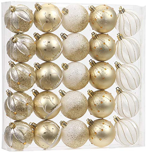 Sea Team 25-Pack Christmas Ball Ornaments with Strings, 60mm/2.36-Inch Medium Size Baubles, Shatterproof Plastic Christmas Bulbs, Hanging Decorations for Xmas Tree, Holiday, Wedding, Party, Gold
