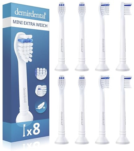 8er demirdental Mini Extra Soft Aufsätze passend für Philips Sonicare Ersatzbürsten, extra weiche und kleine Bürstenköpfe für sehr empfindliche Zähne, Weiß, entspricht HX6088e