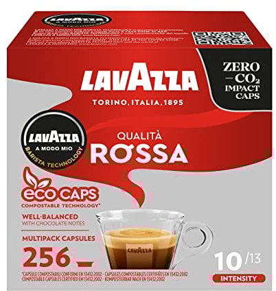 Lavazza, A Modo Mio Qualità Rossa, Coffee Capsules, Arabica and Robusta, Full and Sustained Taste, Intensity 10/13, Medium Roasting, Compostable, 16 Packs of 16 Coffee Pods (256 Capsules)