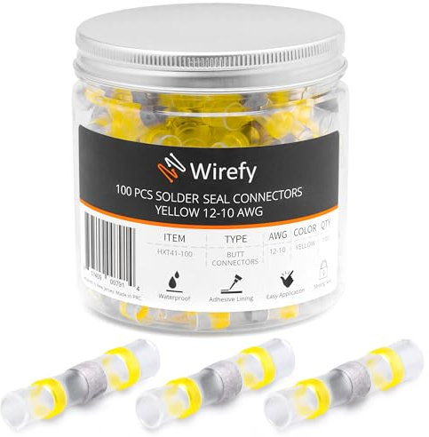 Wirefy 100 Pièces Cosses Électriques Thermorétractable à Souder - Cosses Électriques Étanches - Raccordement Bout à Bout Imperméable - Jaunes 4-6 mm²