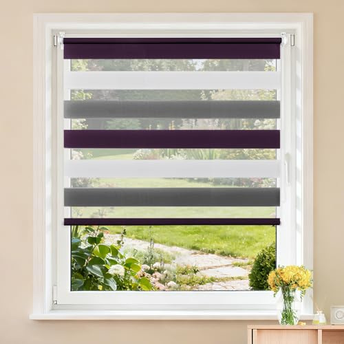 Buseu Store Jour Nuit sans Perçage, Blanc-Anthracite-Aubergine, 75 x 150 cm | Largeur du Tissu 75 cm, Rideau Translucide & Occultant, Fixation par Clips, Pour Fenêtre & Porte de Salon, Bureau, Chambre