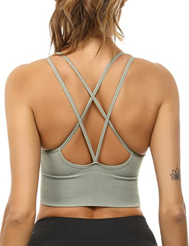 Sykooria Sport BH Damen Gepolstert Bustier Damen BH ohne Buegel Spaghettiträger Cross Back Design Push up BH Sport Bra Top für Yoga Fitness, Grün L