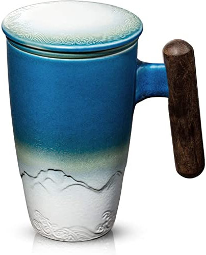 SULIVES Tea Cup with Lid, Porcelain Tea Mug with Stainless Steel Infuser, Gradient Large Ceramic Teacup, Perfect for Office and Home Use, Black 400ml (Navy Blue)