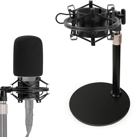 AT2020 Desktop Mic Stand, Adjustable Height Table Microphone Stand with Shock Mount, Pop Filter Windscreen, 1/4 to 3/8 Metal Adapter, Metal Weighted Base, for AT2020 AT2020USB AT2020USB+ AT2035 Mic