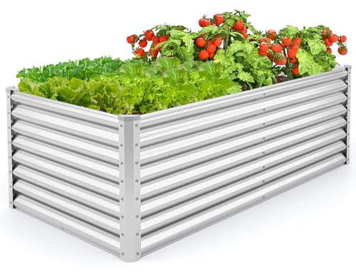 COSTWAY Metal Raised Garden Bed, Oval/Rectangular Elevated Planter Box Kit with Open Bottom, Indoor Outdoor Vegetable Fruit Flower Herb Growing Box (Rectangular, Silver, 180 x 95 x 60cm)