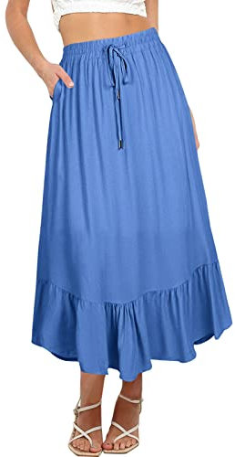 REORIA Damen Röcke Elastische Maxiröcke mit hoher Taille für Damen Lange Röcke mit Taschen Blau S