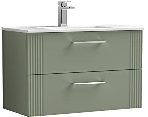 nuie DPF895B Deco Modern Bathroom Wall Hung 2 Drawer Part Fluted Vanity Basin Unit with Minimalist Ceramic Basin, 800mm, Satin Green