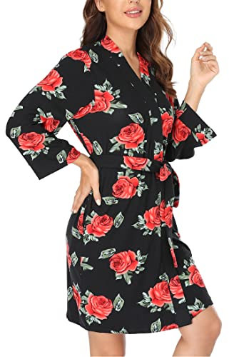 Laurel Snow Damen Baumwolle Bademantel Kurz Kimono Bademantel Weiche Nachtwäsche Strick Umstands-Nachthemd Damen Leichte Loungewear, Schwarze Rose, Small