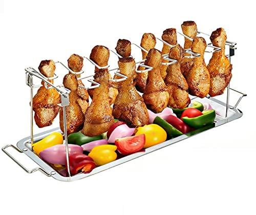 INTIRILIFE Hähnchenbeingestell aus Edelstahl mit Abtropfschale Silber 43.5 x 13.5 x 14.5 cm – Hähnchenschenkel Halter Grillständer für 14 Keulen BBQ Smoker Backofen spülmaschinengeeignet