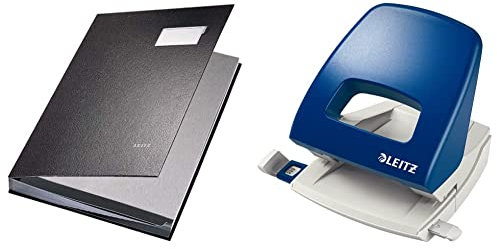 Leitz 57000195 Unterschriftsmappe (Polypropylen, A4, 20 Fächer) schwarz & Büro Locher aus Metall, Für 25 Blatt, Anschlagschiene mit Formatangaben, Ergonomisches Design, blau, NeXXt-Serie, 50050035