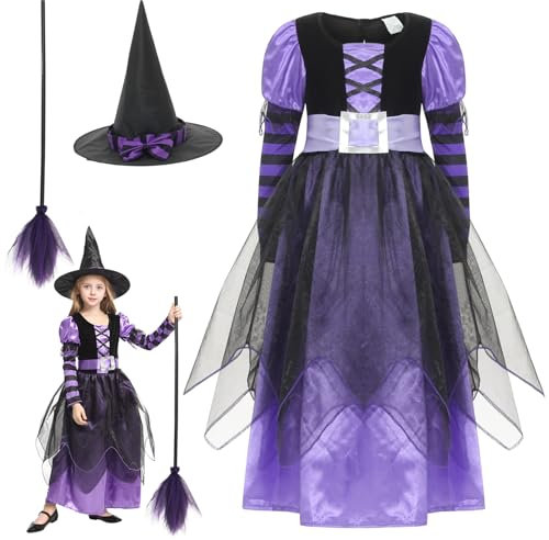 GEMVIE Girls Halloween Witch Costumes Fancy Dress Party Witch Princess Dress with Witch Hat Carnival Cosplay Costume with Broom