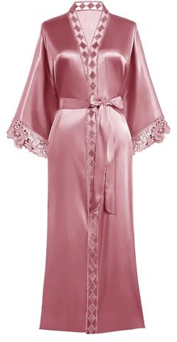 Y WJing Yi Jia Robe de chambre longue kimono pour femme - Robe de mariée en soie - Robe de nuit en satin - Style long - Robe de matinée - Bordure en dentelle - Kimonos longs, Rose poudré-B, Taille