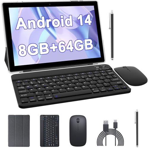 10 inch Android 14 Tablet with Keyboard, 2 in 1 Tablets Set Include Case Mouse Stylus, 8GB RAM+64GB ROM, Quad Core 10.1'' Tab, 6000mAh Battery, 8MP Dual Camera, Google GMS Certification Tableta