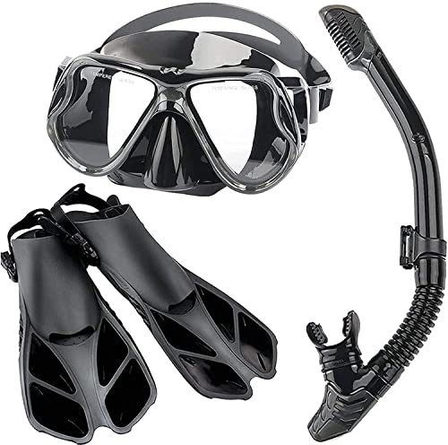 Schnorchelset, Taucherbrille aus gehärtetem Glas für Erwachsene, Flossen, Schnorchelmaske, vollständig trockener Schnorchel, dreiteiliger Anzug, Schwarz, S/M