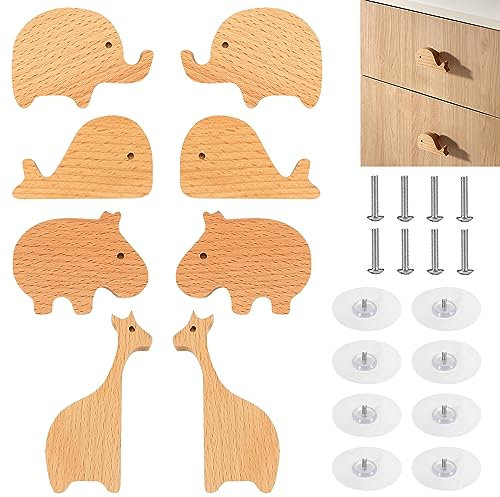 JReHuiG 8 piezas Pomos y Tiradores Cajones Infantiles Madera, Tiradores Decorativos de Animales para Armario, Bebe Habitacion, Niños.