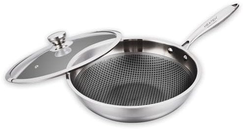 HEATEK ® Wok Pan Diameter 30 cm in Stainless Steel Triple Layer with Glass Lid | Non-stick and Scratch Resistant | Suitable for All Hobs