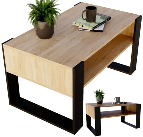 CraftPAK Wohnzimmer Tisch für Couch aus hochwertigem Holzwerkstoff, moderner Couchtisch mit zusätzlicher Ablagefläche, Sofatisch für Wohnzimmer, Farbe Bardolino Schwarz