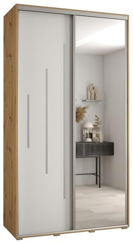 MEBLE KRYSPOL Davos 13 140 Schrank mit Zwei Schiebetüren für Schlafzimmer - Moderner Kleiderschrank mit Spiegel, Kleiderstange und Regalen - 235,2x140x60 cm - Artisan Weiß Silber